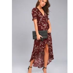 Lulu’s Wild Winds Burgundy Floral Hi Low Wrap Dress
